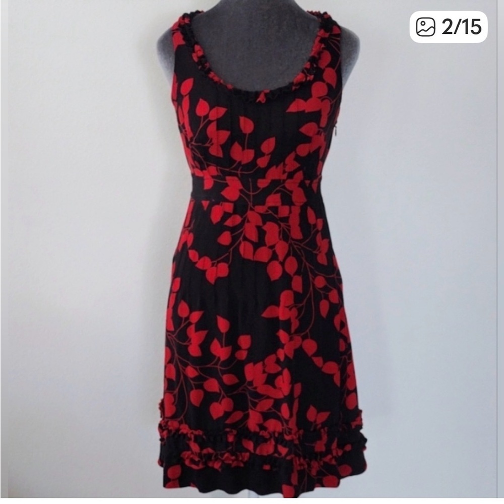 Tory Burch Silk Print Red and Black  Leaf Midi Dress
